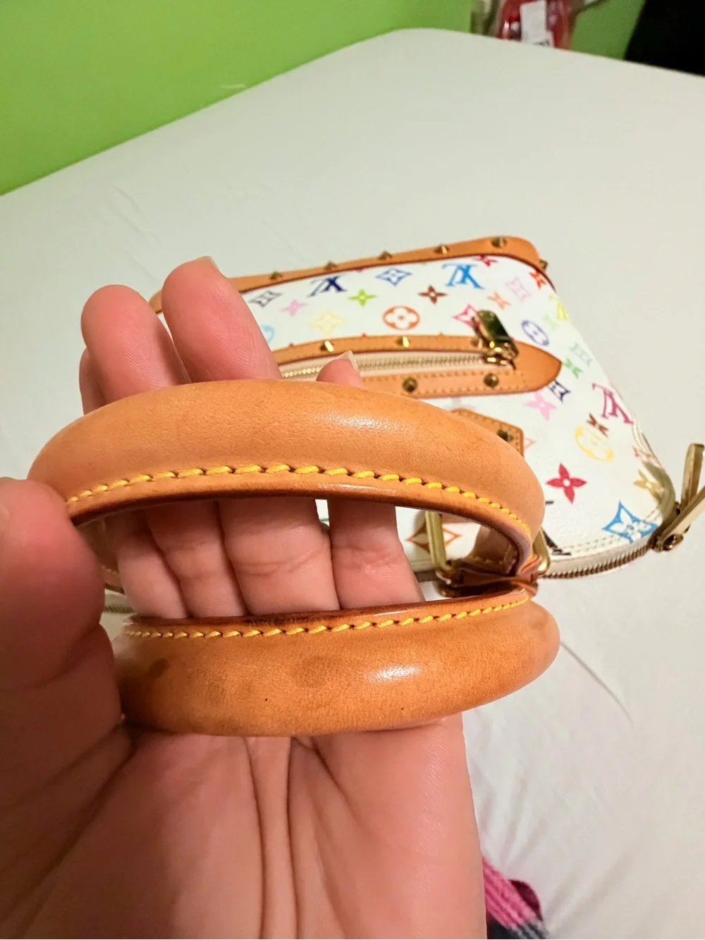 Louis Vuitton White Multicolor Monogram Alma Satchel with Tan Trim